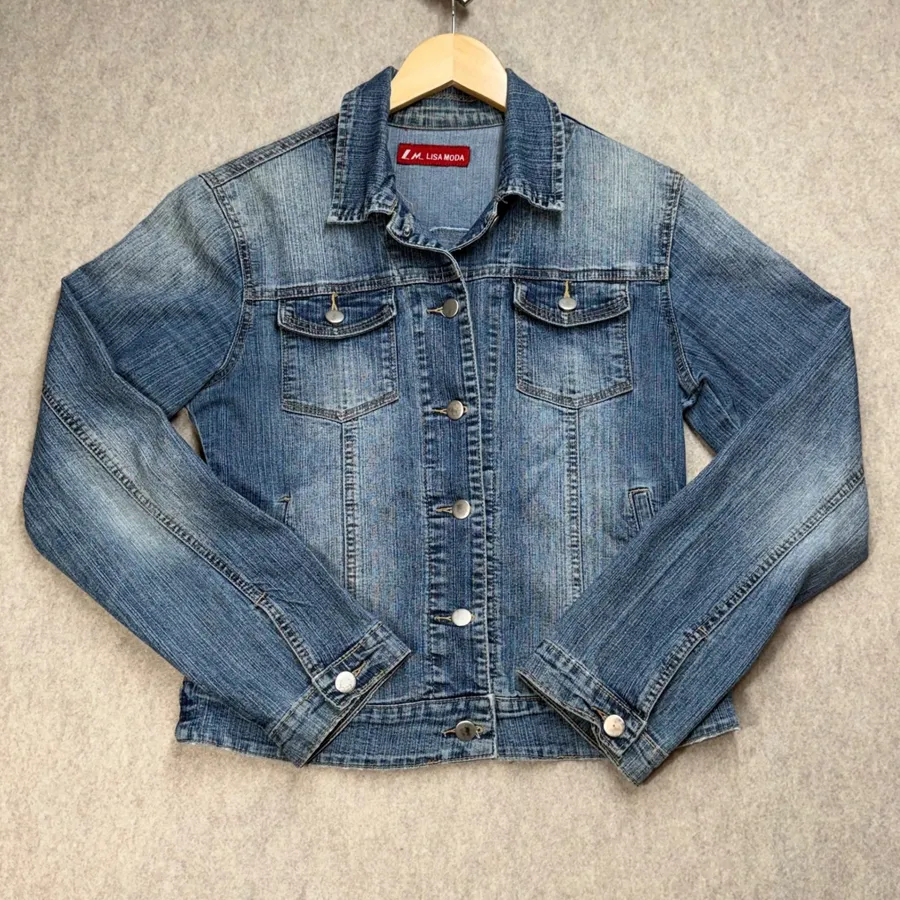 Lisa Moda Womens Medium Wash Denim Jean Jacket Size M Stretch Button Front Y2K Blue