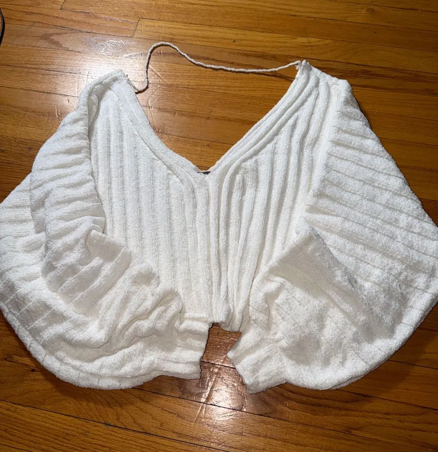 Free people oversized White Ribbed V-Neck Balloon Sleeve Sweater