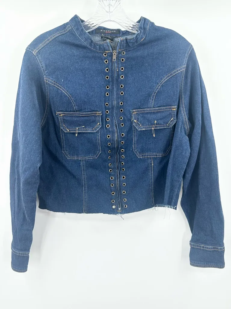 Starwear Jeans Dark Wash Denim Jacket • Eyelet Detail • Raw Hem • Streetwear 1X Blue