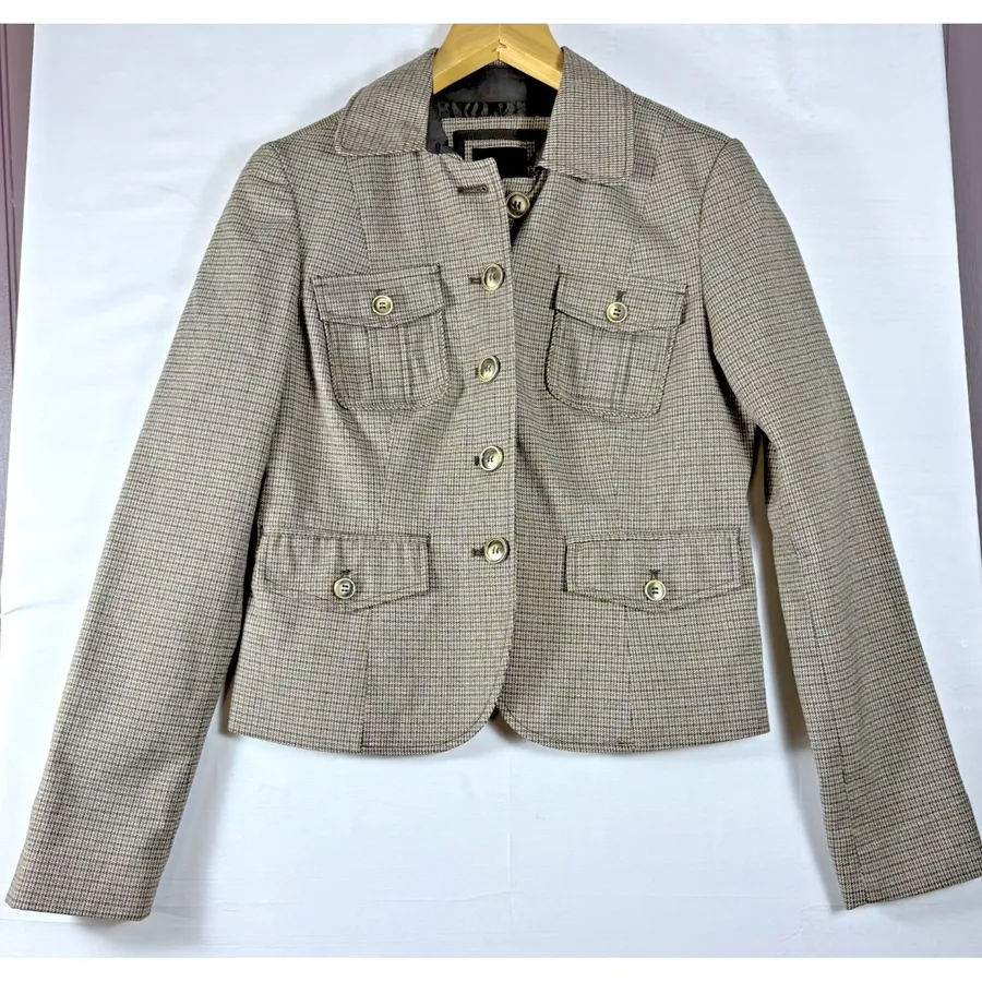 Limited Women Brown Houndstooth Four Pocket Button Front Blazer Jacket Size M
