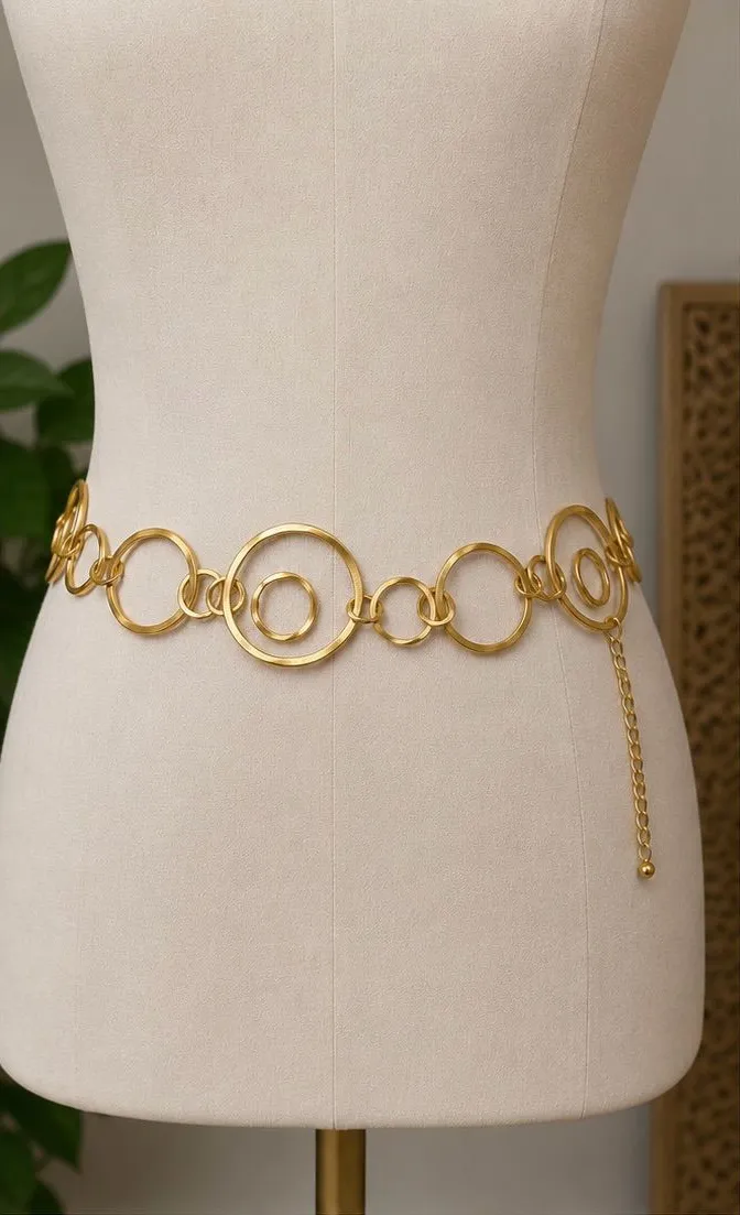 Boutique Gold Tone Hammered Circle Link Chain Belt Adjustable 39” Y2K L/XL