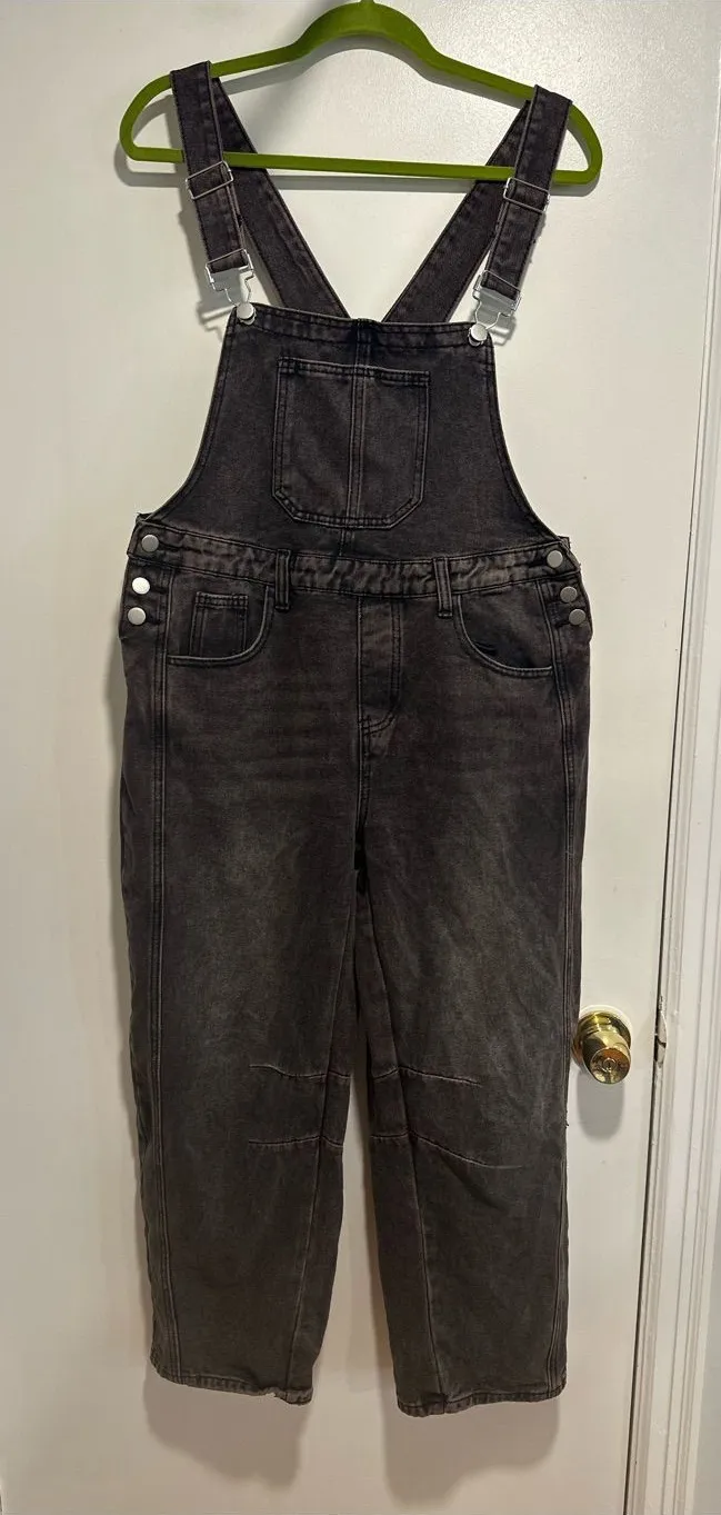 Black denim overalls jumpsuit Sz:L acid washed relaxed fit wide leg Baggy. Gray Size L