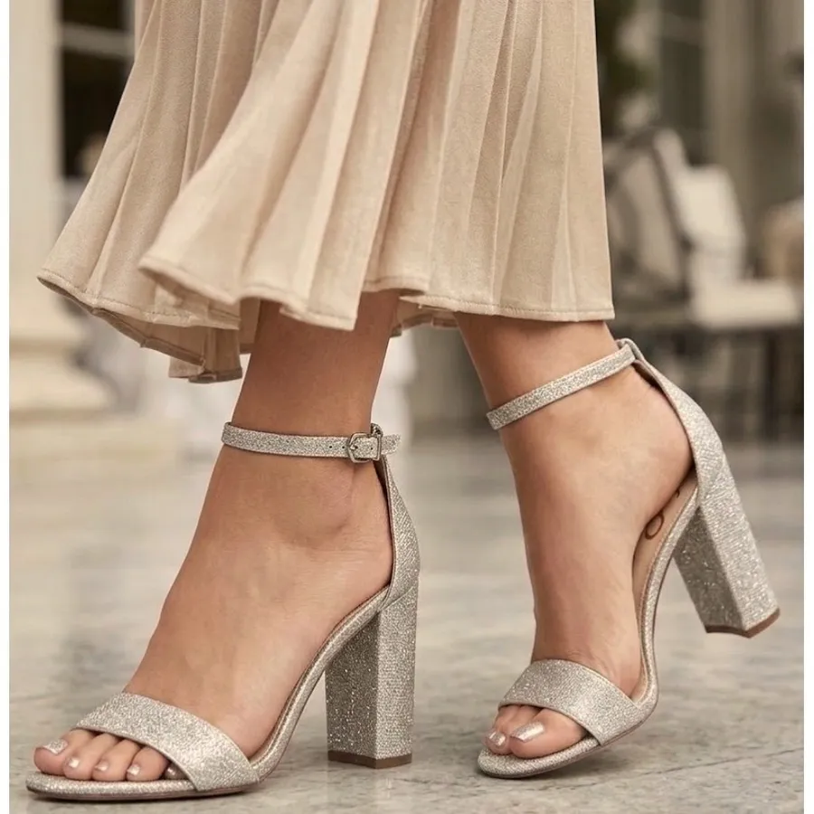 Sam Edelman Yaro Champaign Glitter Block Heel Ankle Strap Sandals Dress Shoes 9