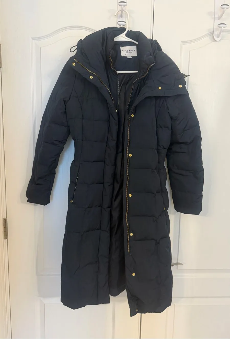 Cole Haan Navy Blue Long Quilted Puffer Coat with Hood