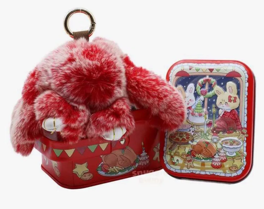 NIB Red SnuggieBunny Keychain In Christmas Dinner Tin. Perfect For Adult/Child New In Tin Giftable Holiday Gift Christmas Gift Stocking Stuffer No refunds returns or cancellations