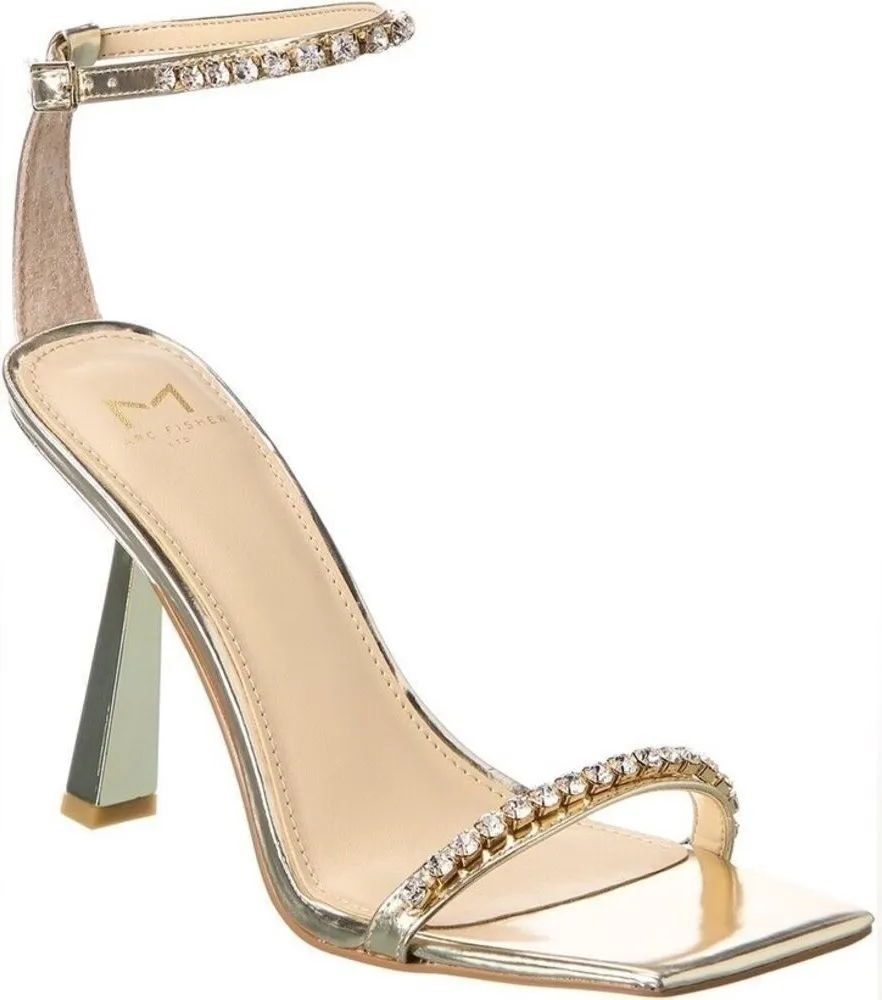 MARC FISHER Karima Leather Gold Heeled Sandal w/ Crystal Trim
