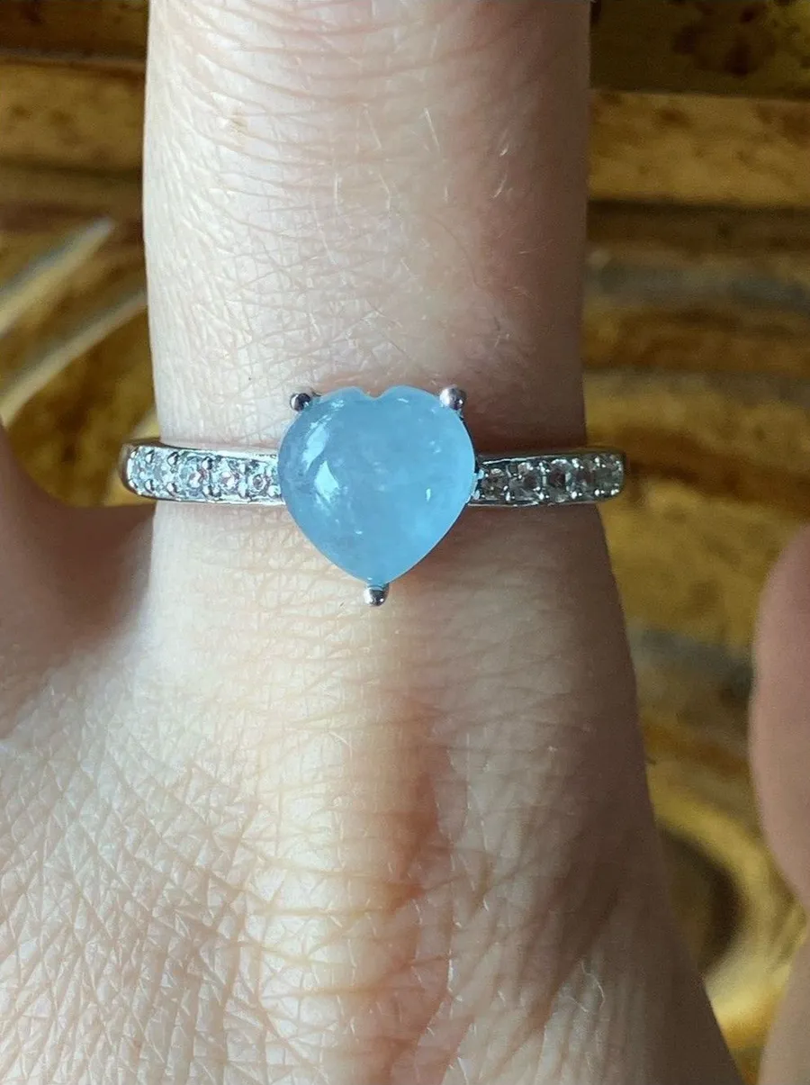 Genuine Aquamarine Sterling Silver Heart Ring Size 9.75 Blue