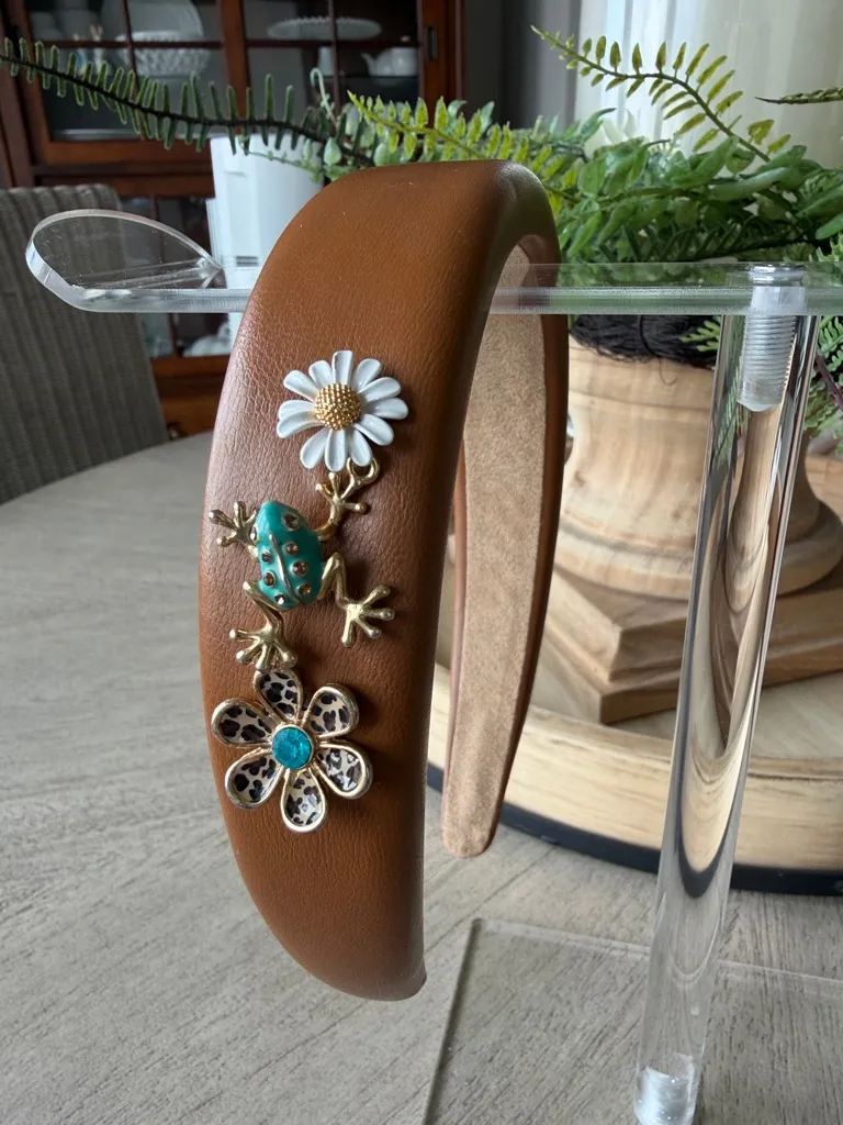 Headband with Floral & Frog Charms Brown