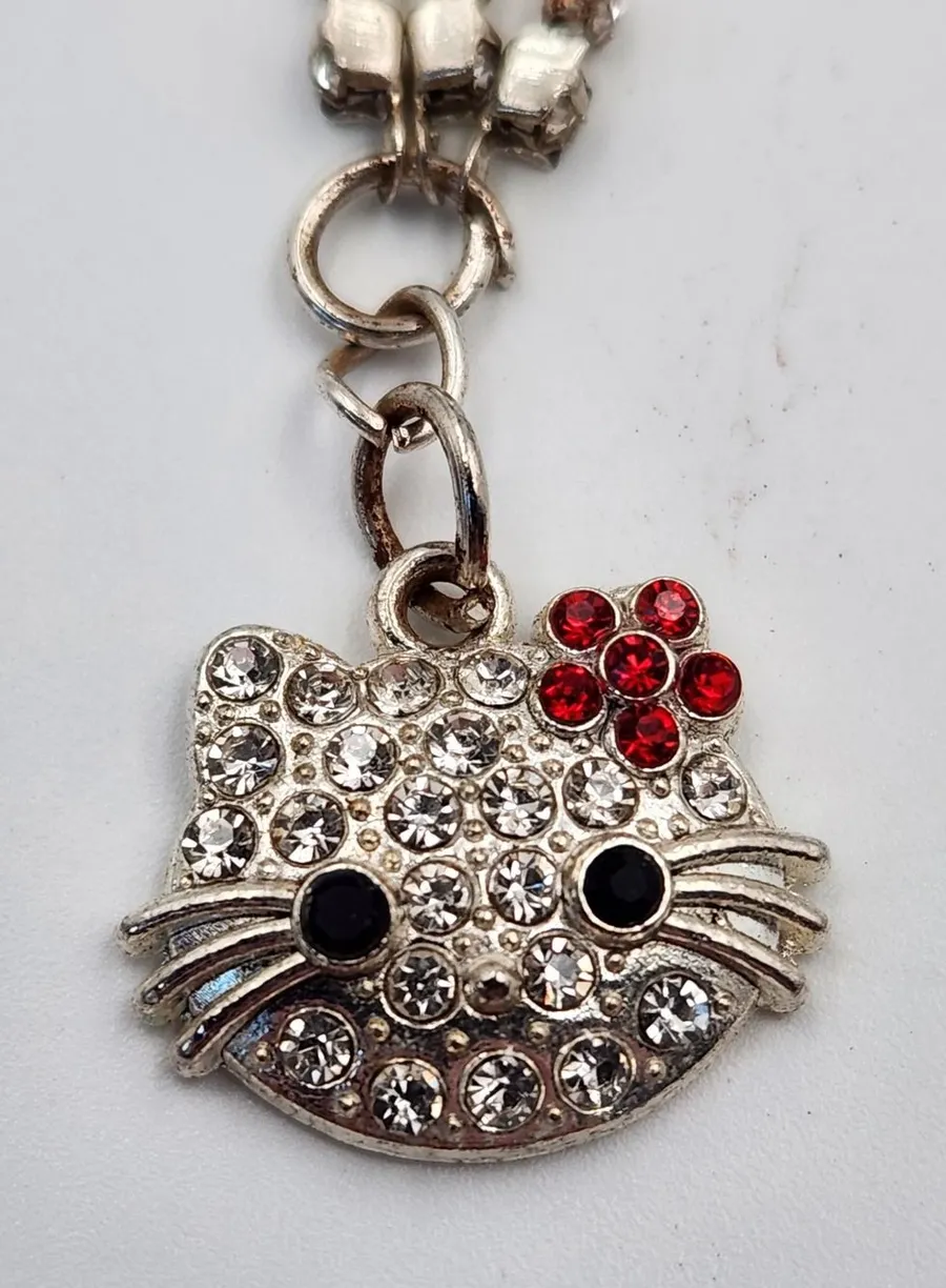 Hello Kitty Charm Bracelet Rhinestone Dangle Silver Tone Multi Strand
