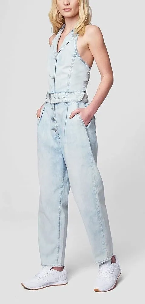 NWT BLANKNYC Luxury Denim Halter Neck Jumpsuit With Belt size small