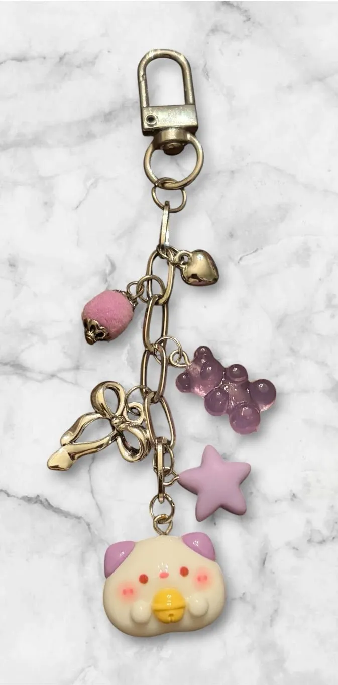 Purple Cute Animal Charm Keychain with Star, Gummy Bear & Bow Silver