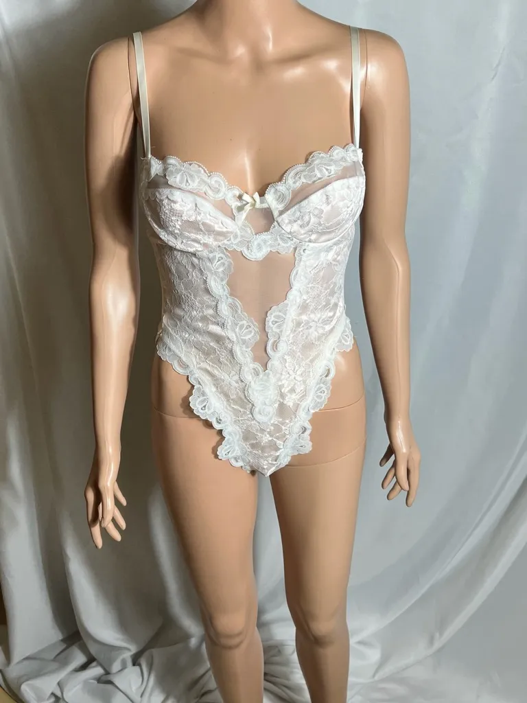 E Bole White Lace Bodysuit Sheer Mesh Lingerie Teddy Adjustable Straps S