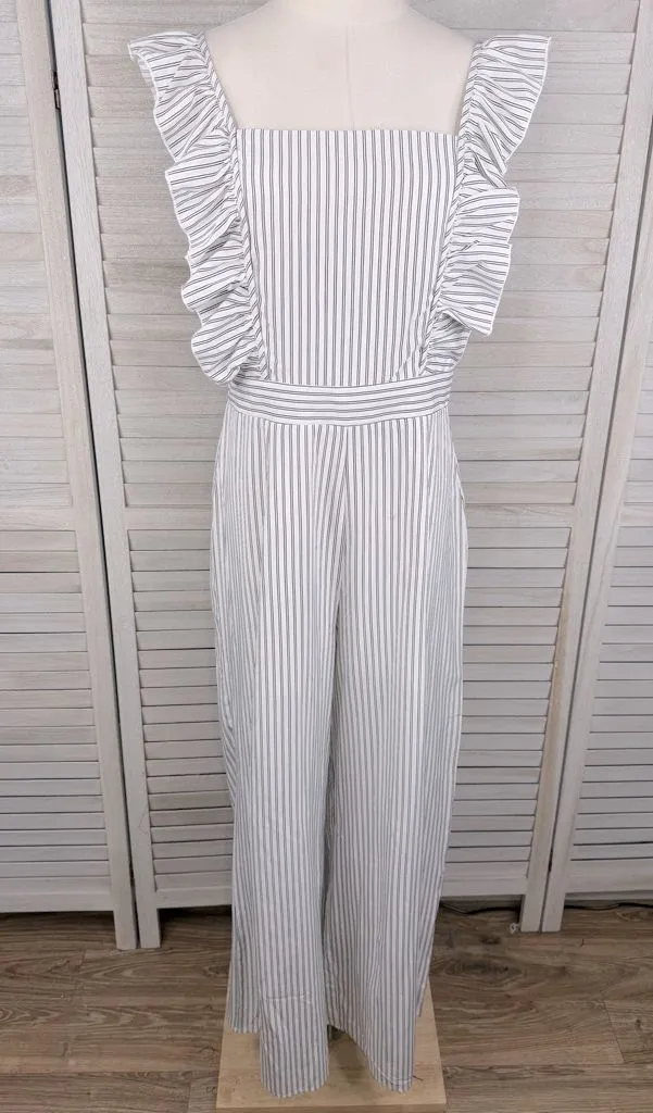 ALLIE ROSE Striped Sleeveless Ruffle Jumpsuit White/Black-Large