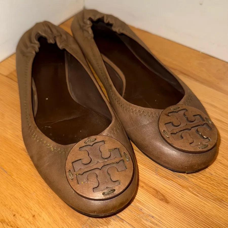 TORY BURCH Minnie Ballet Flats Medallion Leather Brown size 7