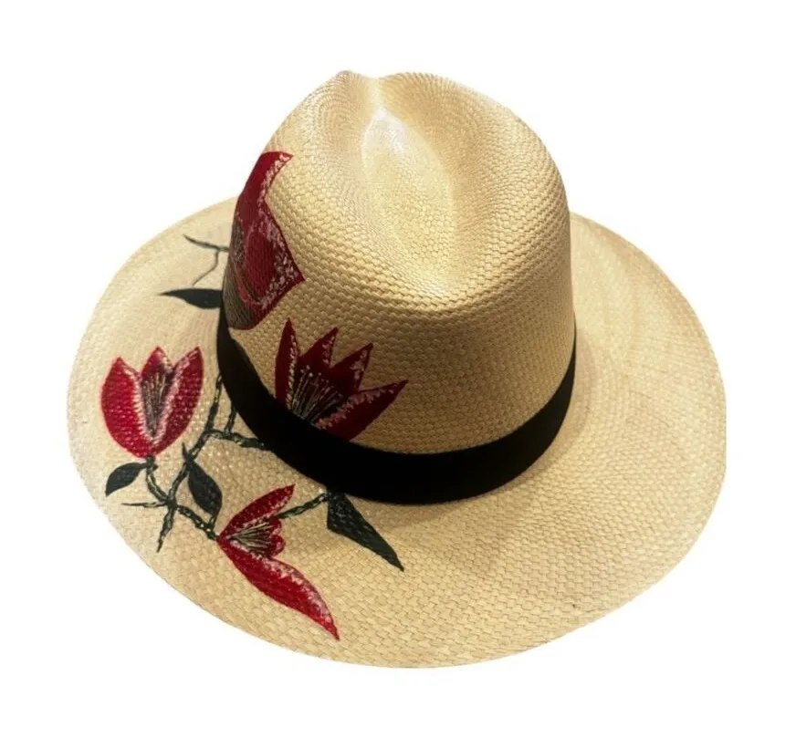 Hannia Char Cala Flower Hat – Bold Red Calla Lily Toquilla Straw Panama Tan