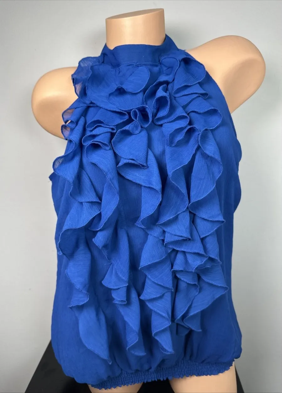 Vintage Mossimo Medium Top Blue Ruffles Y2K Womens Sleeveless Tank Halter Neck