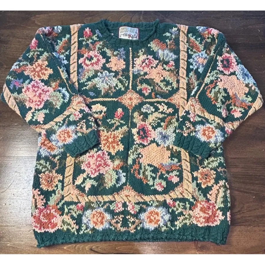 Vintage 90s Crystal Kobe Floral Sweater Small Ramie Cotton Knit Grandmacore Fall Green