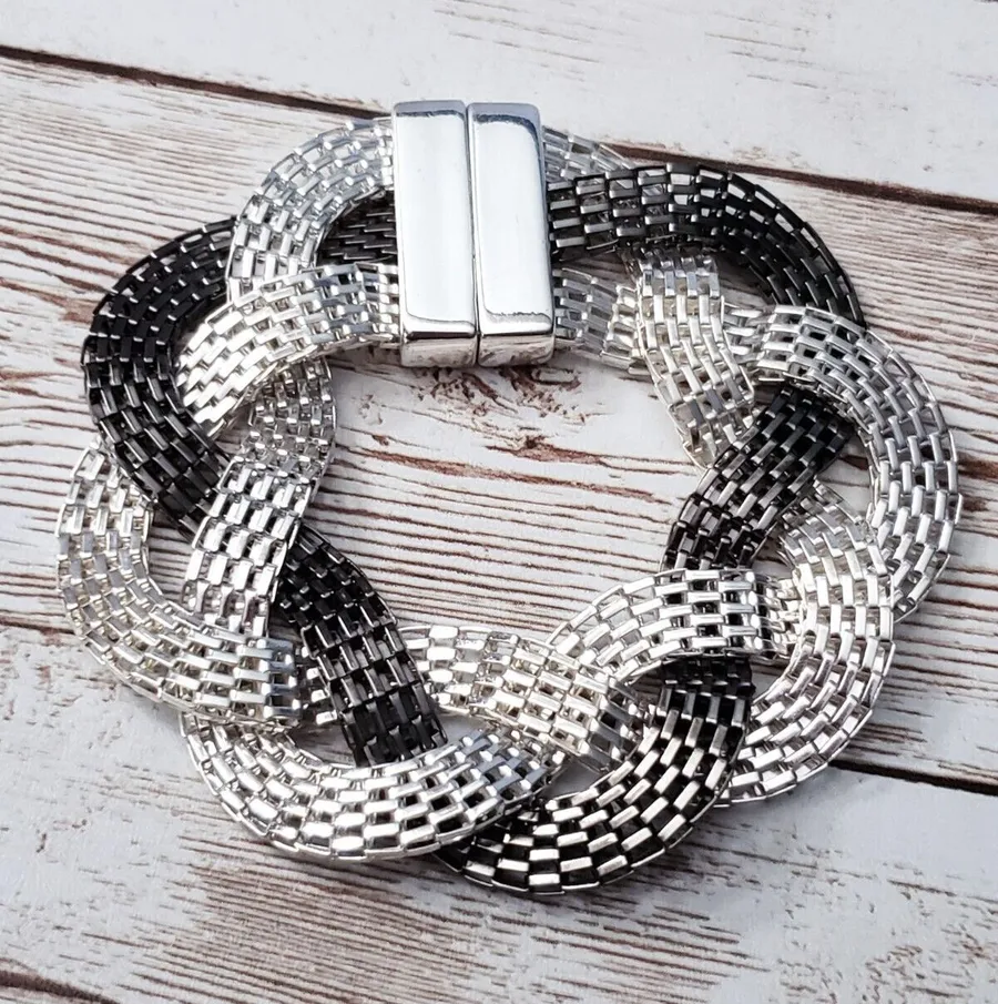 Vintage Bracelet Black & Silver Tone Twisted with Magnetic Clasp