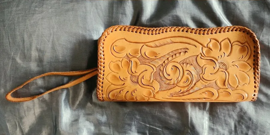 Vintage CLIFTON'S Handmade Hand Tooled Leather Clutch Wristlet Brown