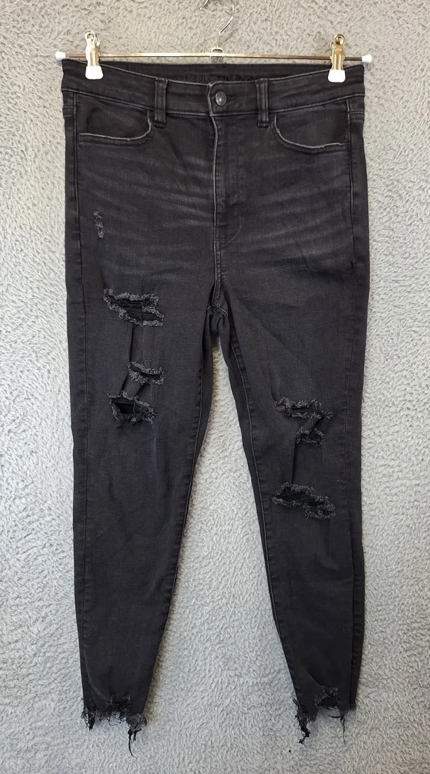 American Eagle Jegging Crop Jeans Women 10 (Fits 30x25.5) Black Denim Distressed