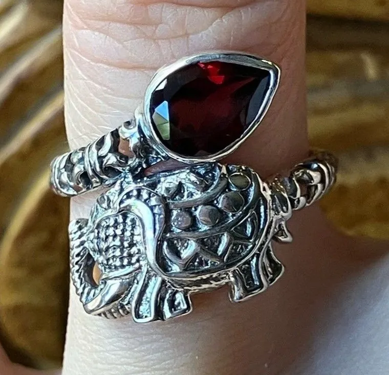 Natural Red Garnet Sterling Silver Elephant Ring Size 7
