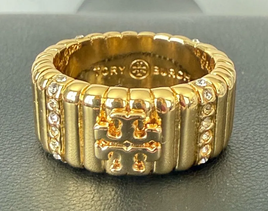 Tory Burch | Gold Logo Ribbed Crystal Accent Ring | Size 8