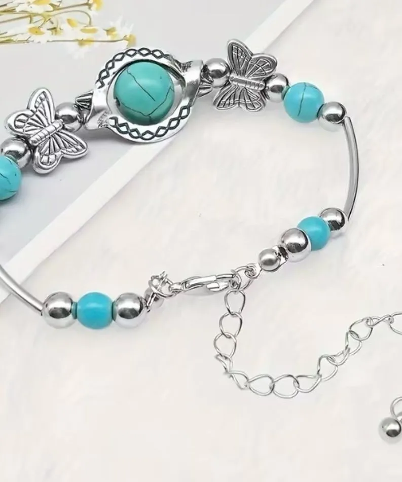 Turquoise Butterfly Silver Beaded Women’s Bracelet Blue