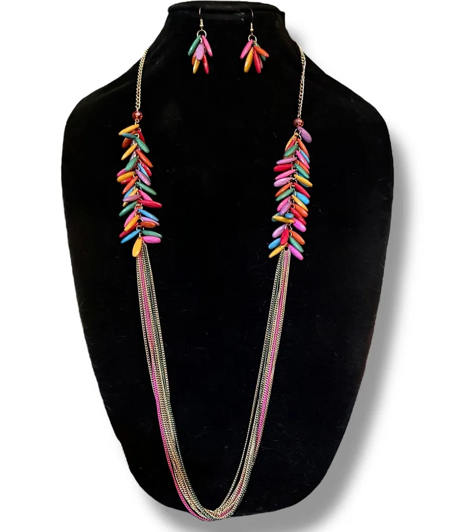 Long multicolor dangle bead and chains necklace and earrings set Multiple