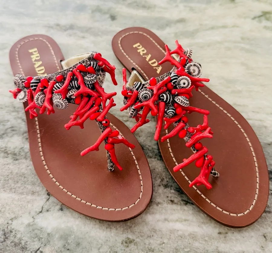 Prada Brown Leather Sandals with Red Coral Embellishments