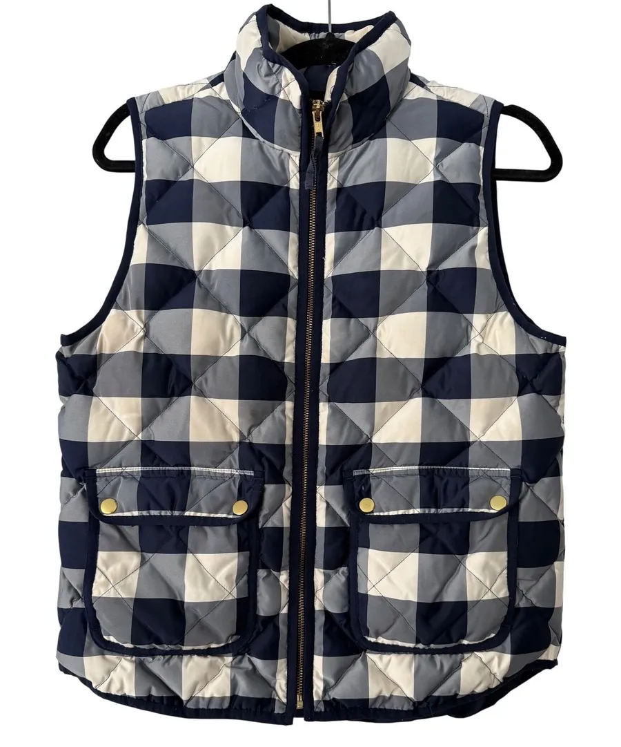 J Crew Quilted Puffer Vest Excursion Medium Navy White Buffalo Check Gilet