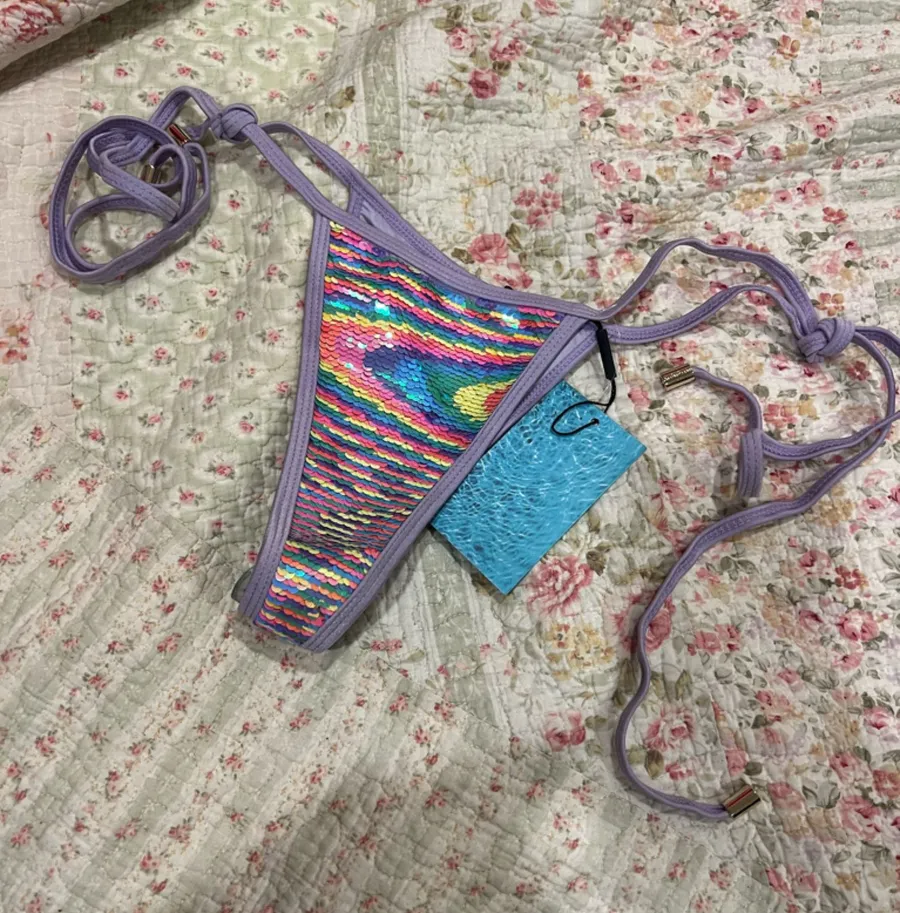 Hello Molly Multicolor Sequin Triangle Bikini Bottom with Lavender Trim