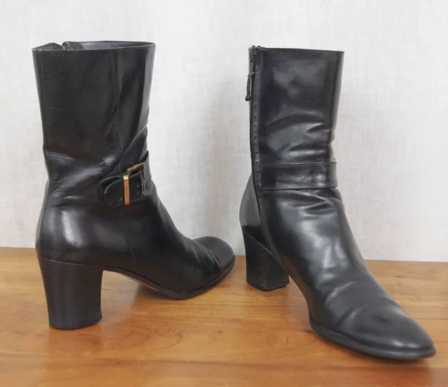 Salvatore Ferragamo Black Leather Buckle Heeled Zip UP Boots Size 8.5 4A