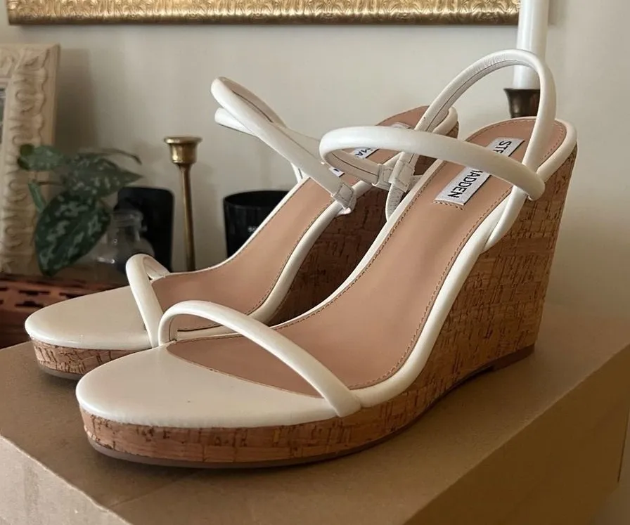 Steve Madden Udell Leather Slip On Cork Wedge Slingback Sandals White NEW 9.5