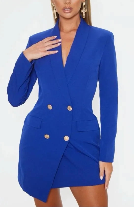 PrettyLittleThing Blue Blazer Dress Gold Button Double Breasted US 2