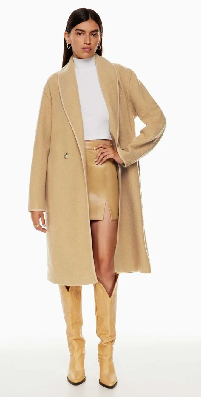 Aritzia Wilfred Charlize Jacket Size Small Merino Wool Trench Peacoat Brown Tan