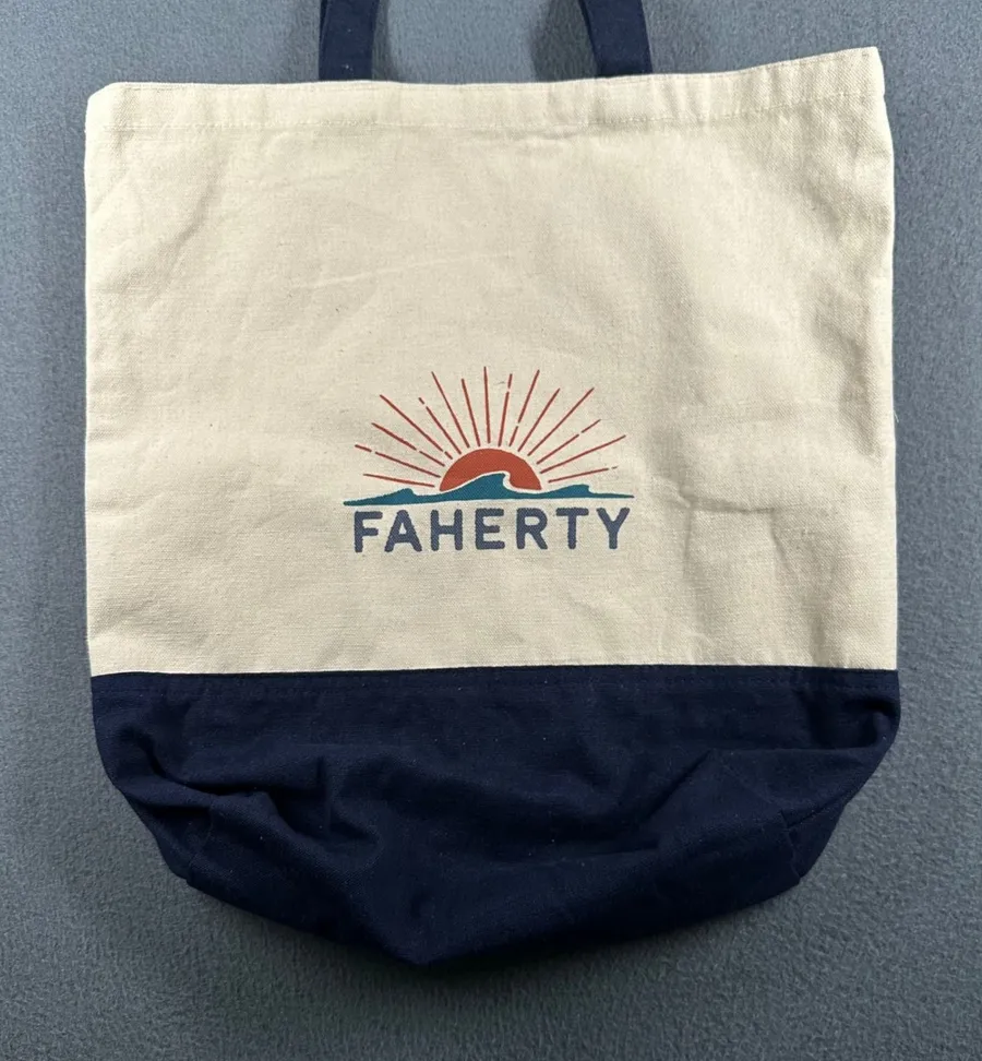 Faherty Canvas Tote Bag Beach Sun Wave Logo Navy Bottom Reusable Grocery
