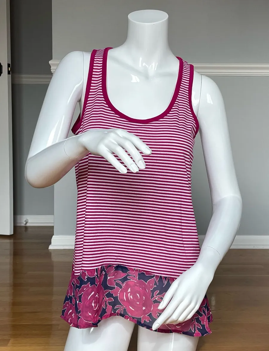 Maison Jules Pink White Striped Tank Top Floral Hem Size Large Sleeveless Blouse