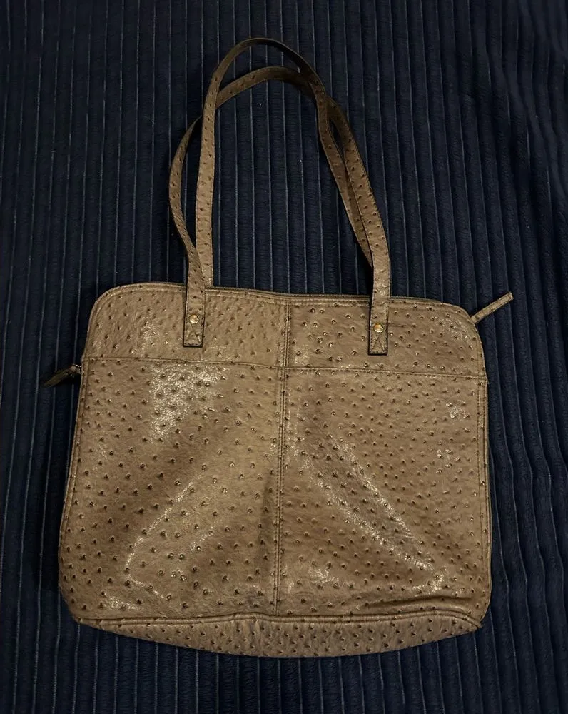 Bueno Faux Ostrich Leather Tote Bag – Taupe Textured Shoulder Handbag 16x14