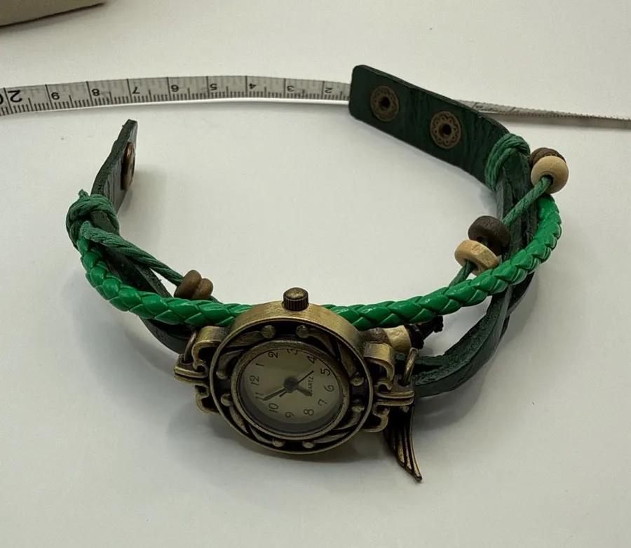 Vintage Boho Green Leather Wrap Bracelet Watch Wing Charm Antique Bronze Quartz