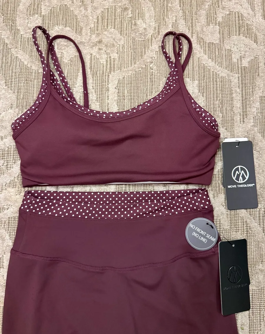 NWT Move Theology Polka Dot Burgundy Maroon Workout Set Size Small Red