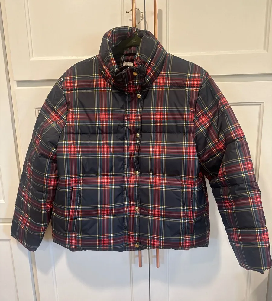 J.Crew Womens Plaid Puffer Jacket Navy Red boho Tartan Quilted Coat Large preppy Blue