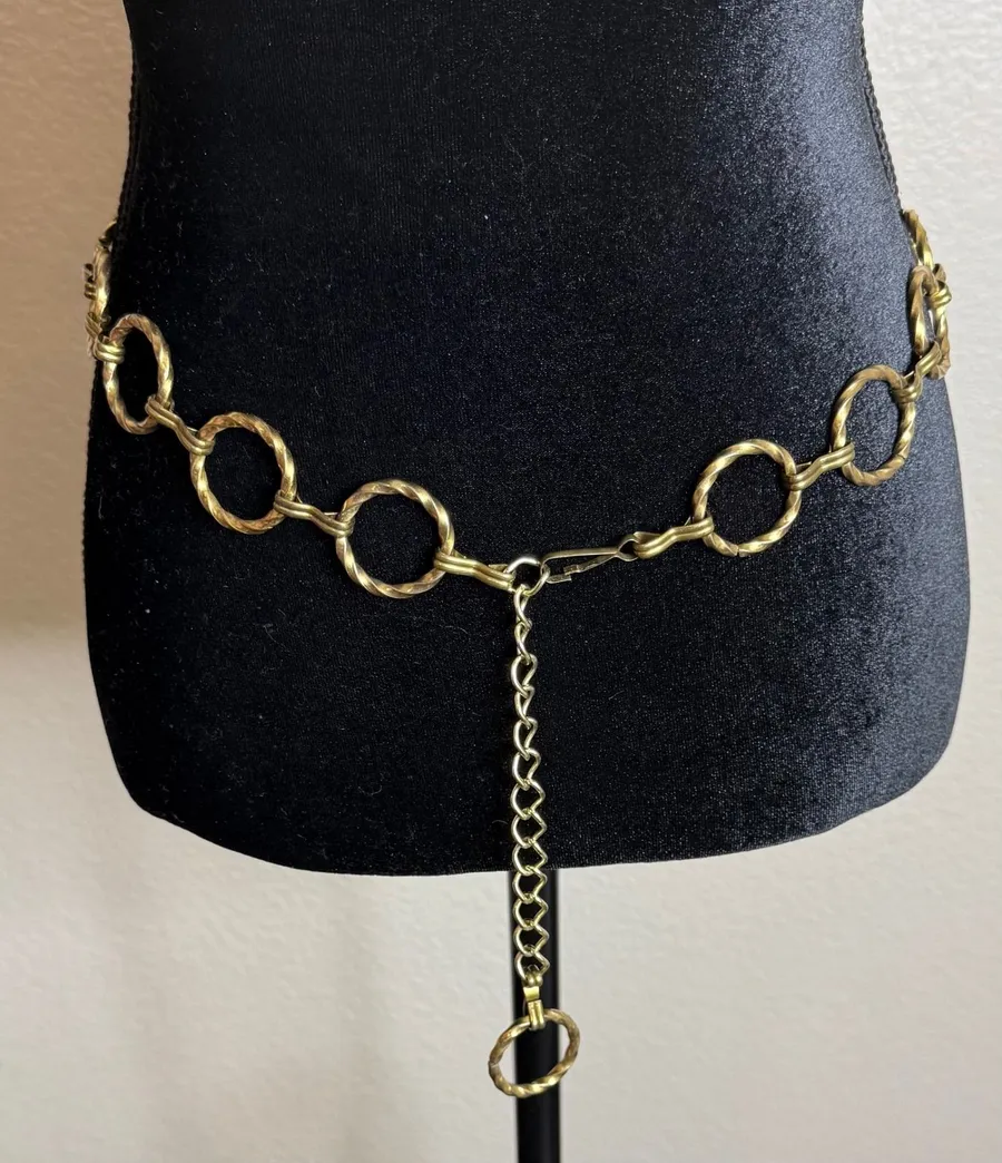 Womens OS Chain Belt Gold Textured Twisted Ring Link Adjustable Vintage