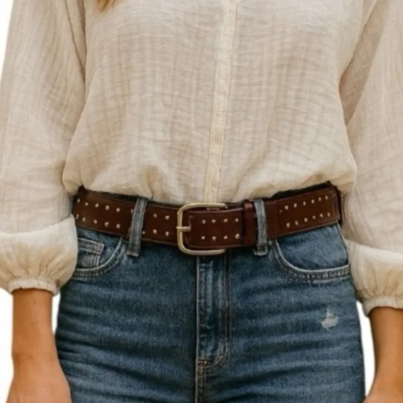 Western Boho Brown Studded Genuine Leather Belt Antique Gold Women’s Size Small