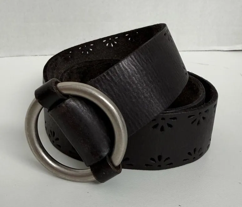 Leather Belt Metal Buckle Flower Cut Out Design Boho Festival Black Silver