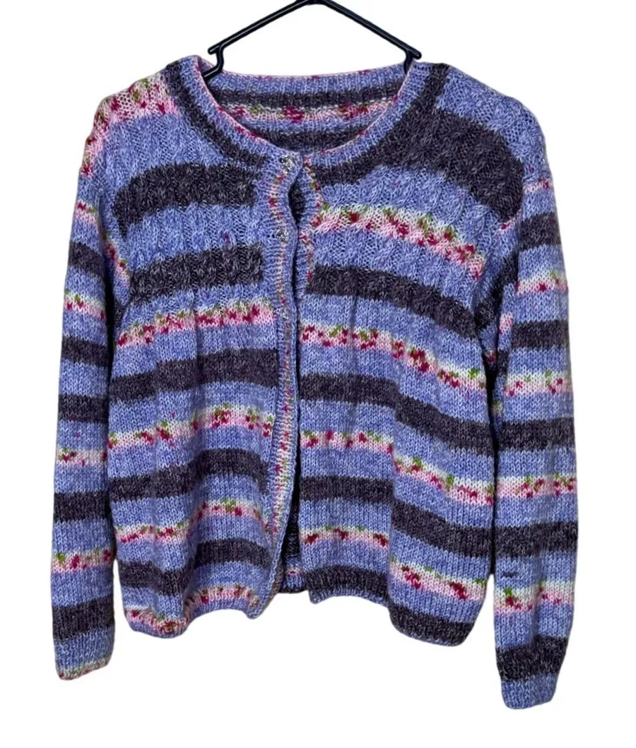 Handmade Hand Crocheted Purple Striped Cardigan 3 Button Crew Neck Sweater L/XL