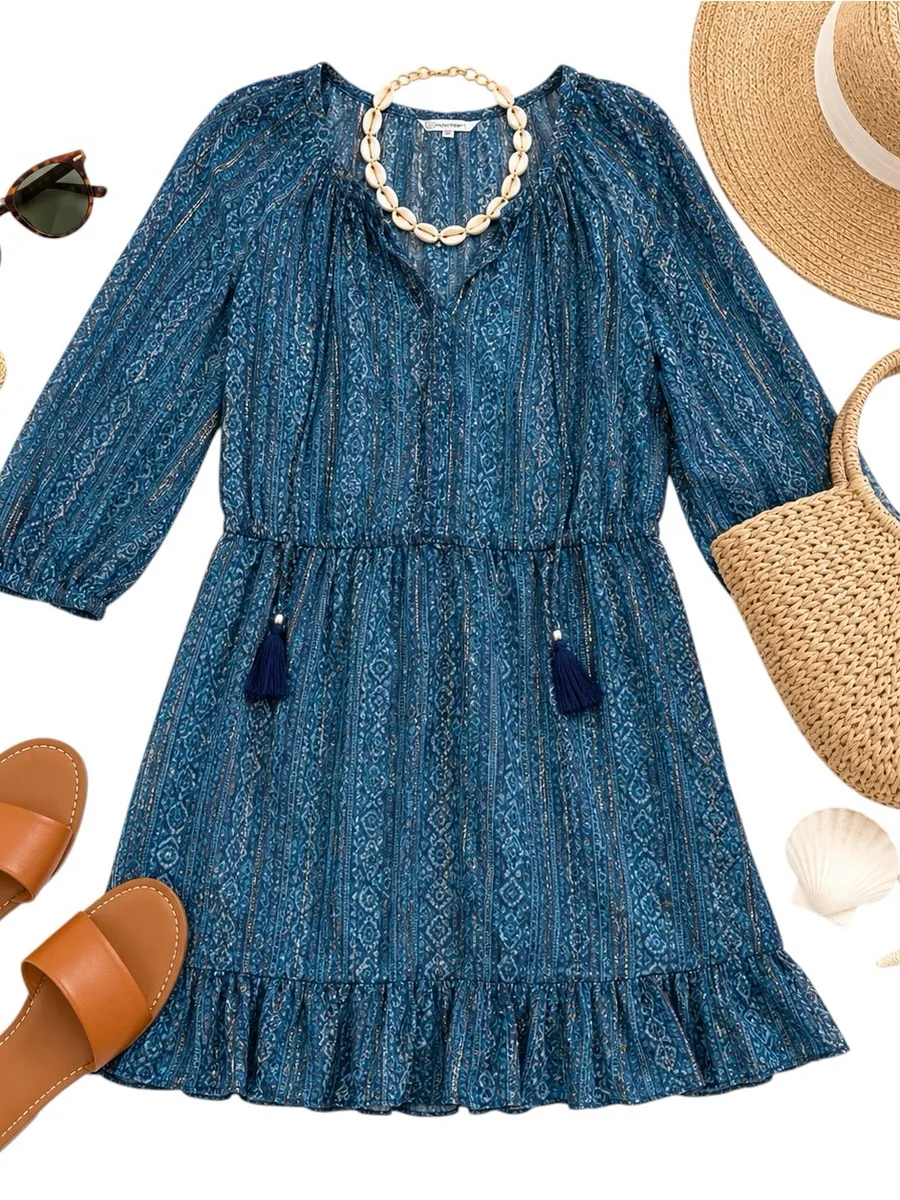 Tommy Bahama Blue Boho Tassel Cover Up Dress Womens SM Beach Swim Resort SHEER