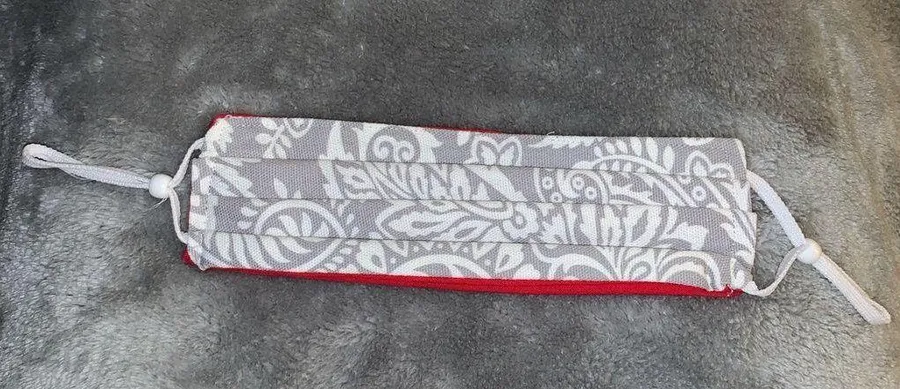 Handmade Fabric Face Mask gray White Leaf Floral Print Red Reversible