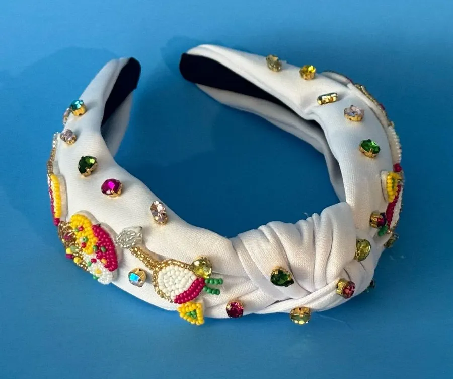 White Beaded Knot Headband with Multicolor Gem Accents