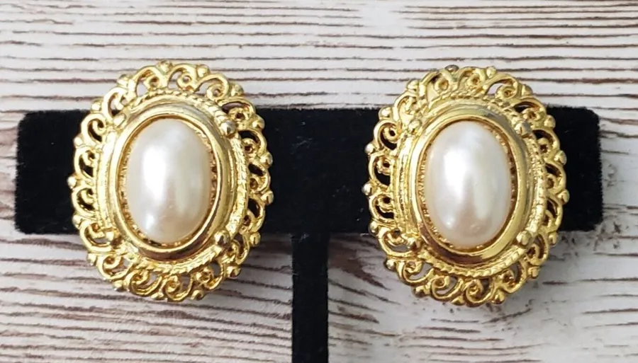 Vintage Clip On Earrings Gold Tone Ornate Oval with Faux Pearl Center