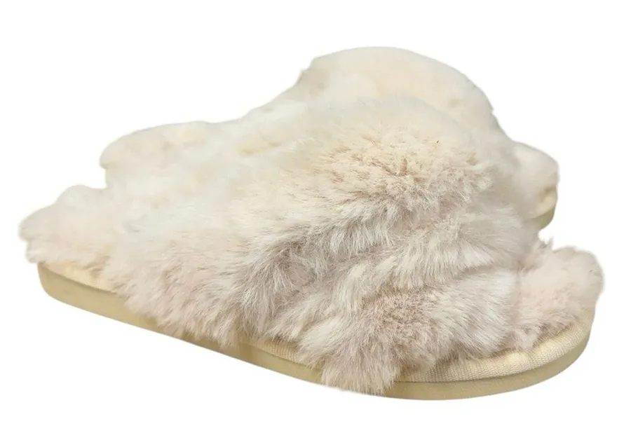 Corkys Faux Fur Slide Slippers Cream Beige Cozy Women’s Size 6